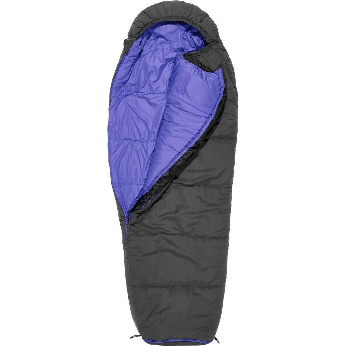Kinder-Mumienschlafsack, dunkelgrau mit violettem Innenfutter, Kapuze mit Zugband