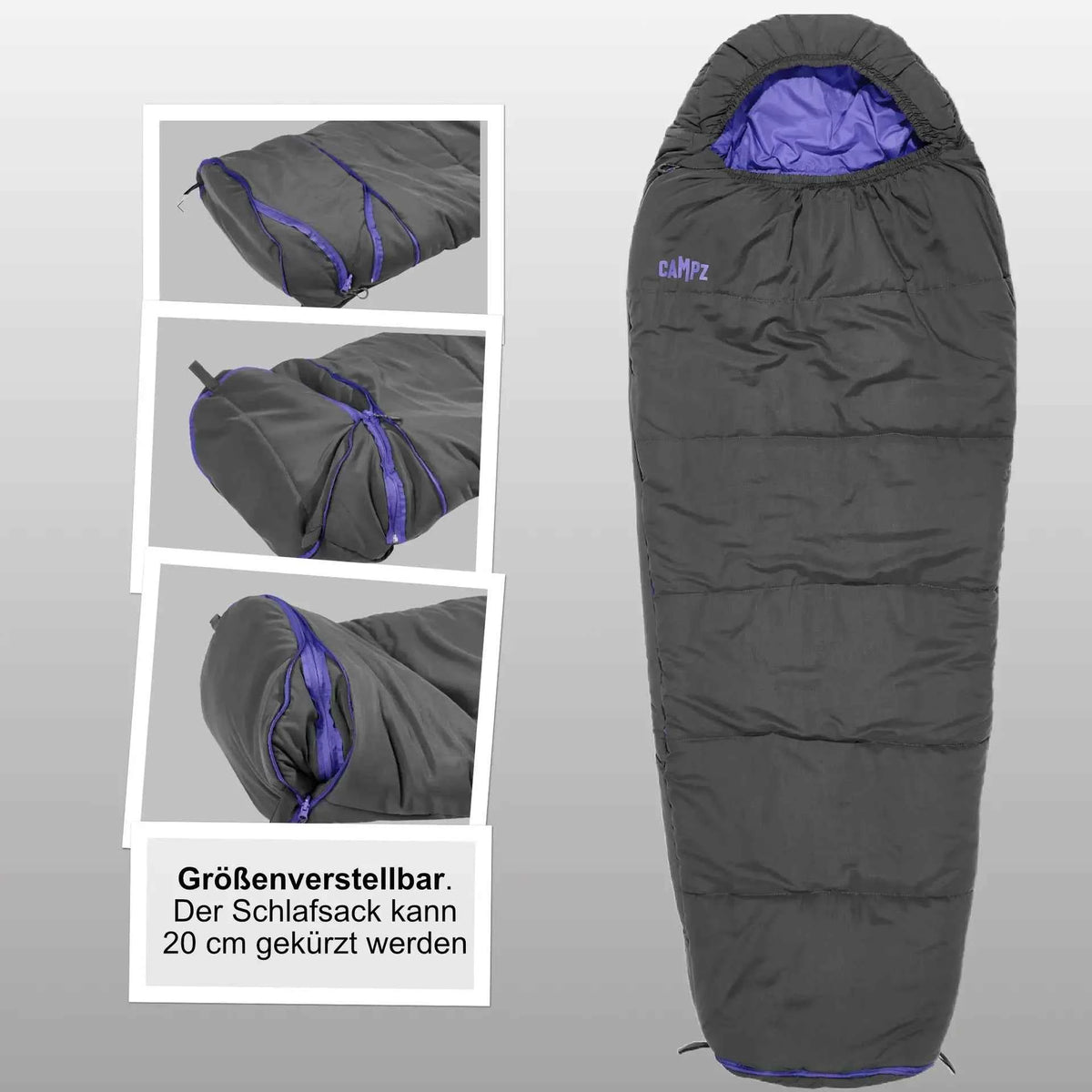 Kinder-Mumienschlafsack, dunkelgrau, verstellbarer Bereich, violettes Innenfutter und Kapuze