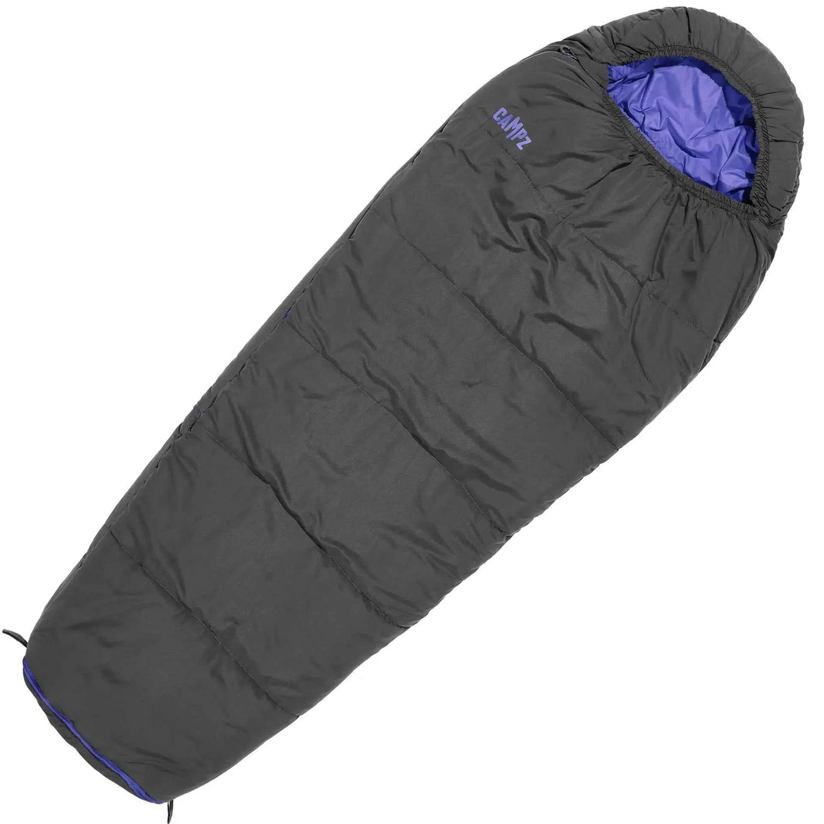 Kinder-Mumienschlafsack, dunkelgrau, mit violettem Innenfutter und Kapuzenöffnung am Kopfende