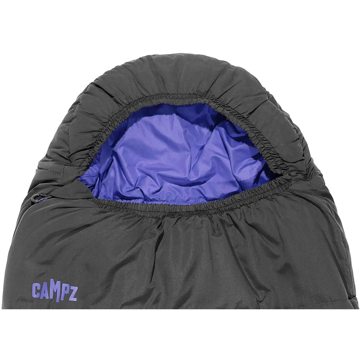Kinder-Mumienschlafsack, Kapuzenbereich dunkelgrau mit violettem Futter und Kordelzug