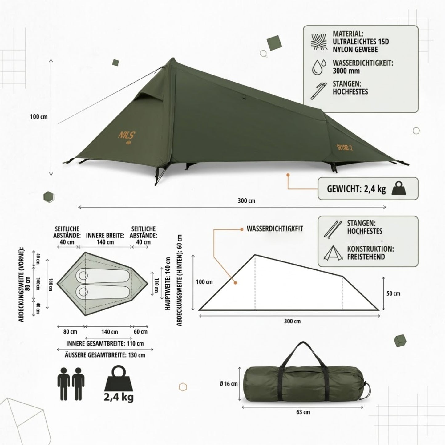 Trekking Backpacking Zelt NC2502 2 Personen Zelt Camping
