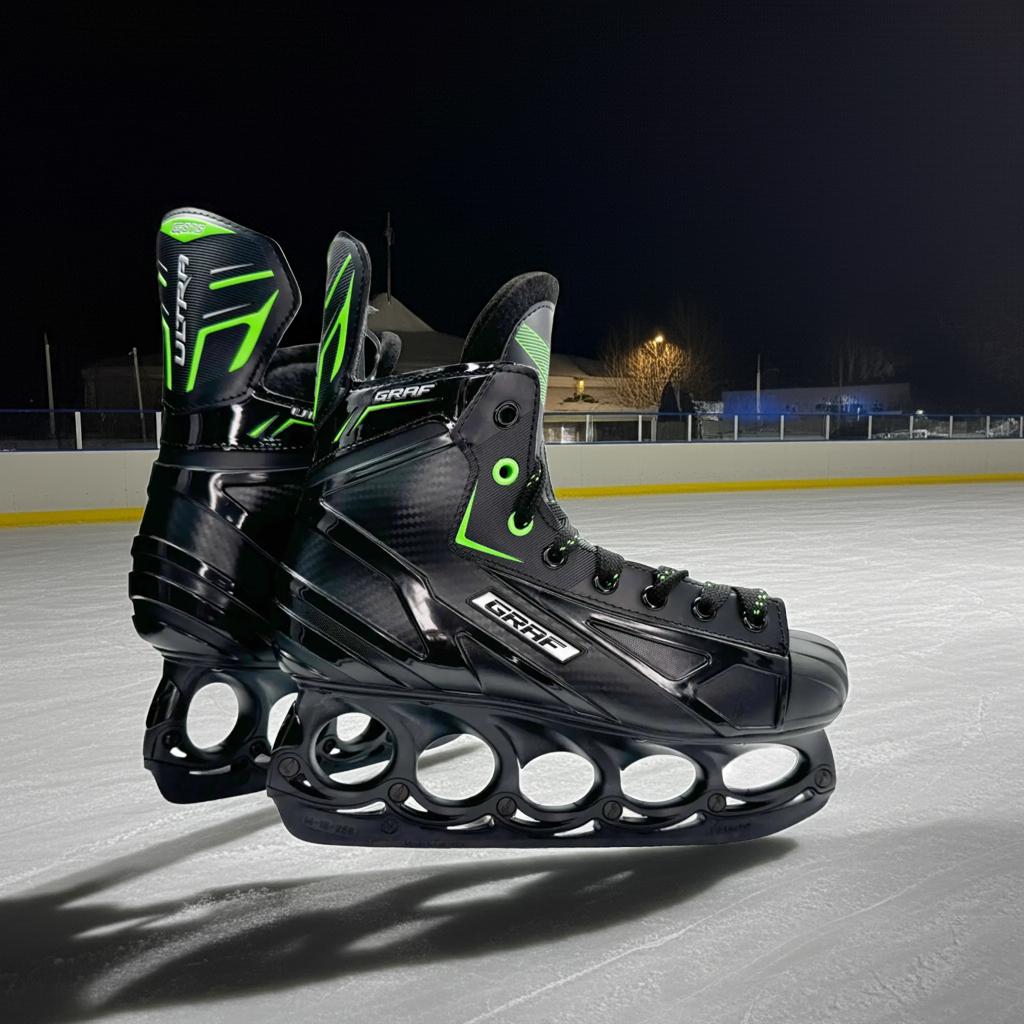 Graf Schlittschuhe Paar in Schwarz mit grünen Akzenten, auf Eislauffläche im Außenbereich