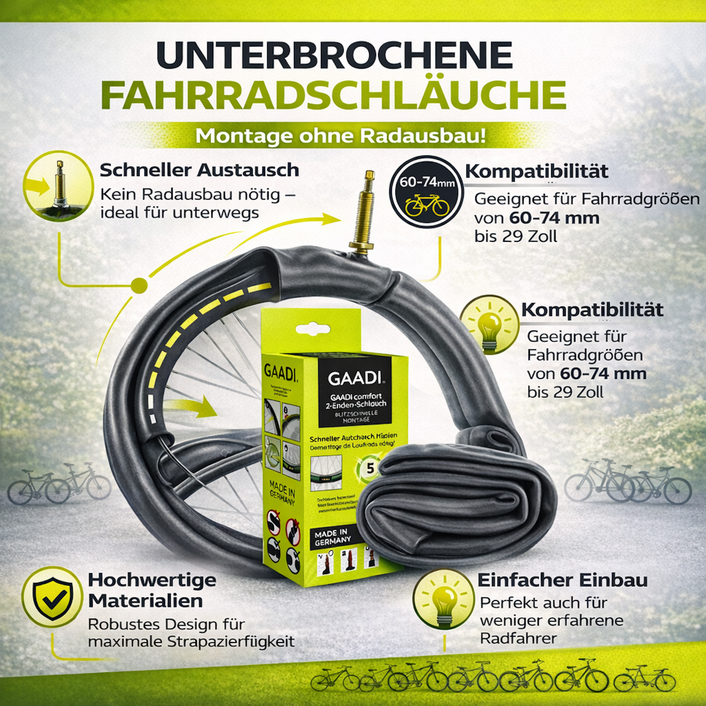 Fahrradschlauch ohne Radausbau – 60-74 mm Wechsel bis 29" für unterbrochene Schläuche