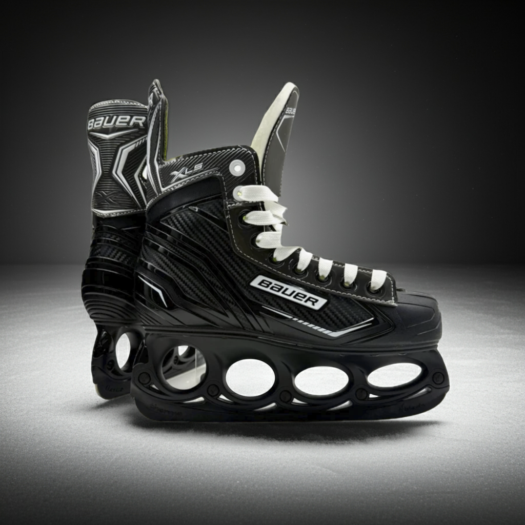 Eishockey-Schlittschuh Bauer Schwarz mit hohem Schaft, weißen Schnürsenkeln und Kufen