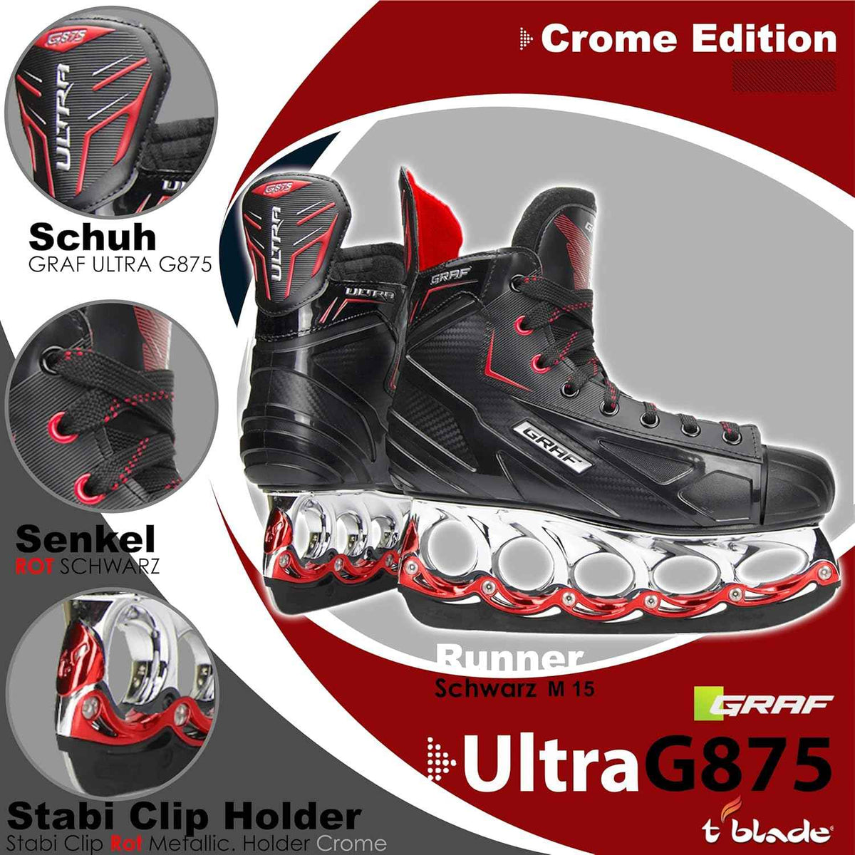 Schlittschuh G875 Ultra mit schwarzem Schaft, roten Akzenten und Schnürung, Kufe sichtbar