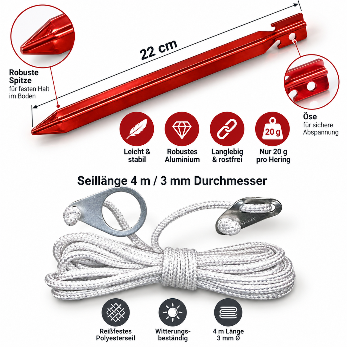 Hering 22 cm 5 Pack Spanleine 4m  Set Alu Spanner Öse Heringe