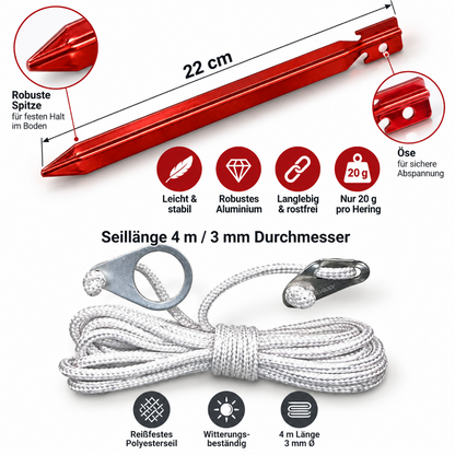 Hering 22 cm 5 Pack Spanleine 4m  Set Alu Spanner Öse Heringe