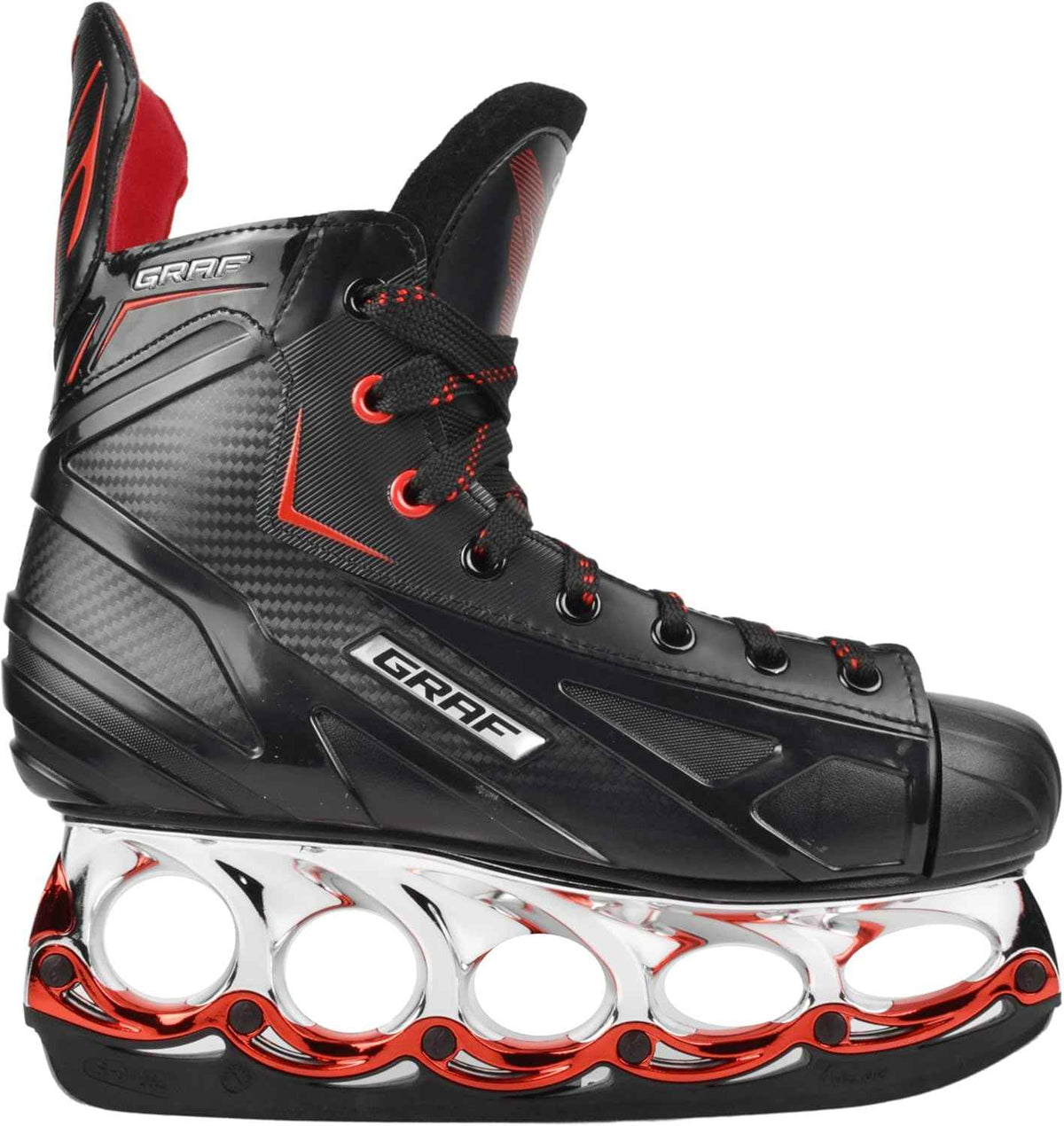 Schlittschuh mit schwarzem, geripptem Schaft und roten Akzenten, Schnürung