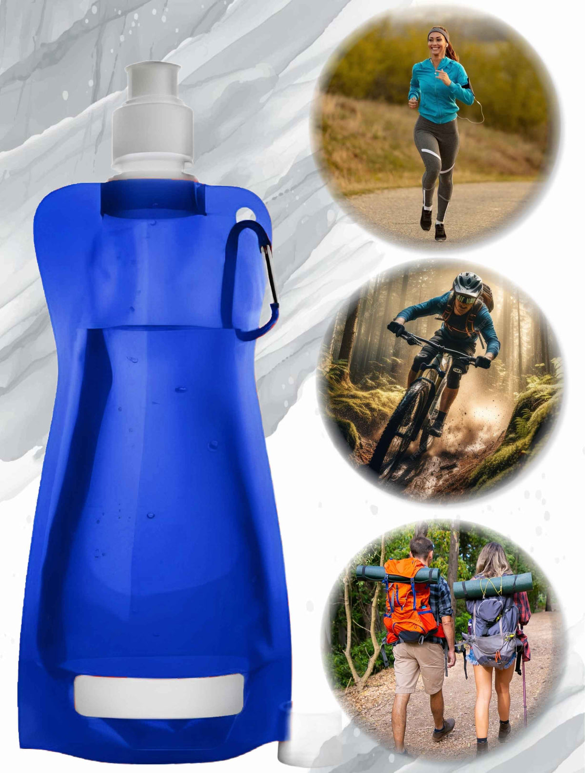 Faltbare blaue Trinkflasche mit Karabinerhaken, weißem Deckel und Trageschlaufe