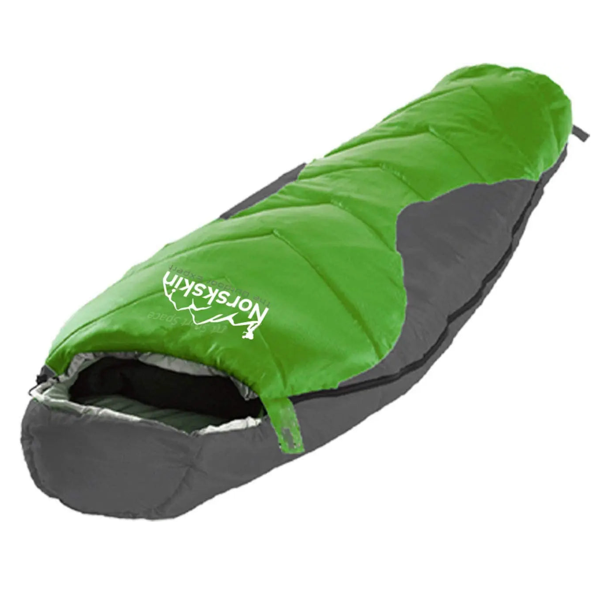 Mumienschlafsack mit Norskskin-Aufdruck in Grün und dunkelgrauer Außenseite, offen am Fuß
