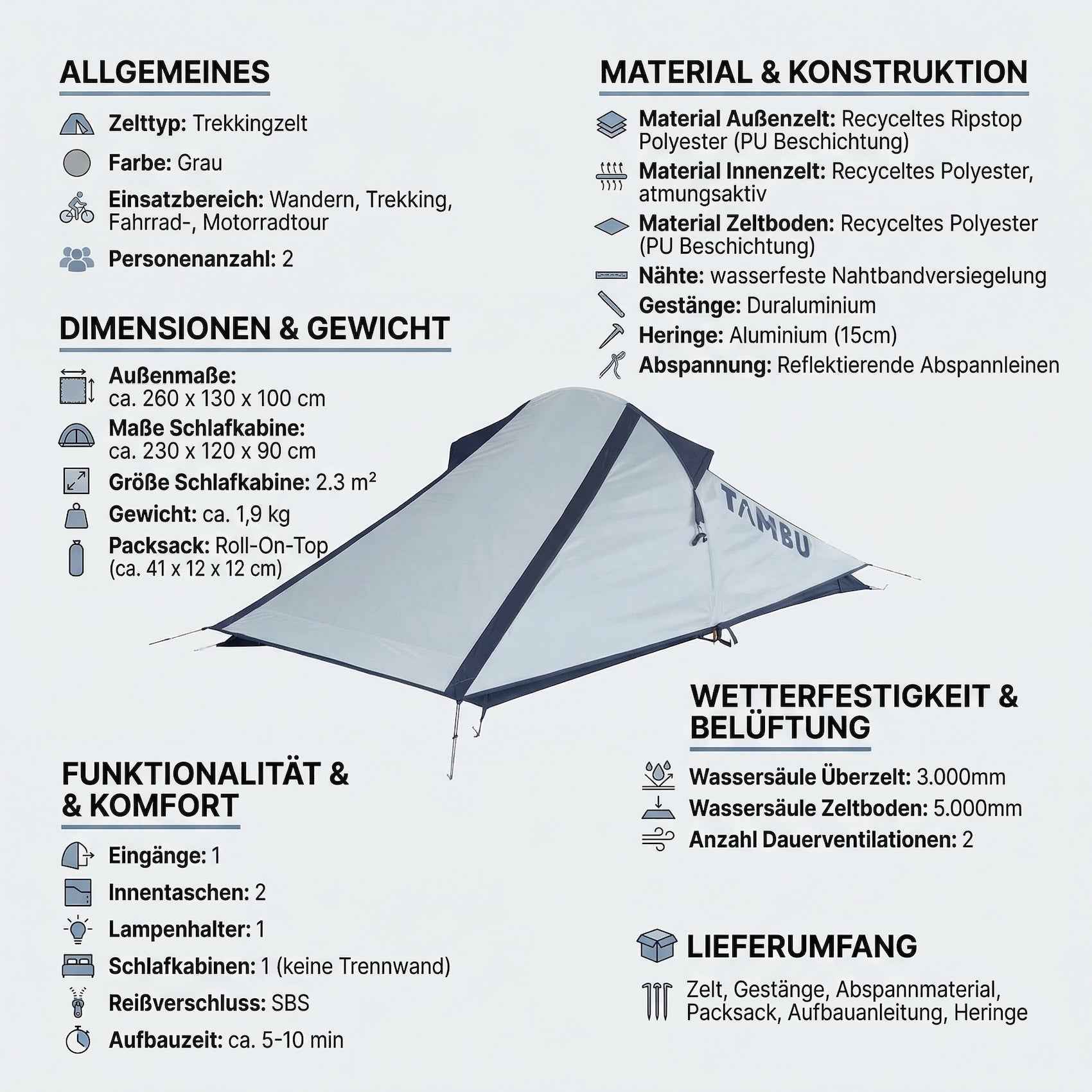2 Personen Biker Zelt 1,9 KG 3000mm Wassersäule Packmaß 41 x 12 cm