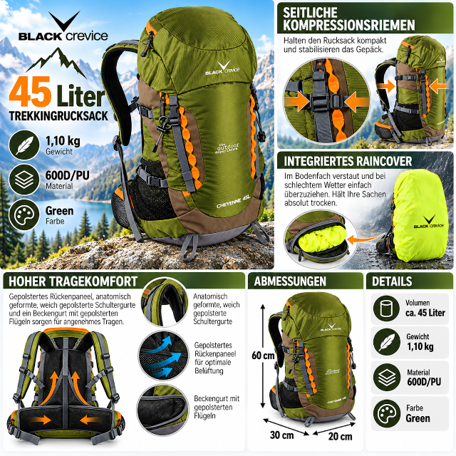 Rucksack Trekkingrucksack Grün 45 Liter Backpacker Wanderrucksack