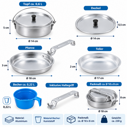 Camping Kochgeschirr Topf Pfanne Teller Becher 230 g 5-teilig