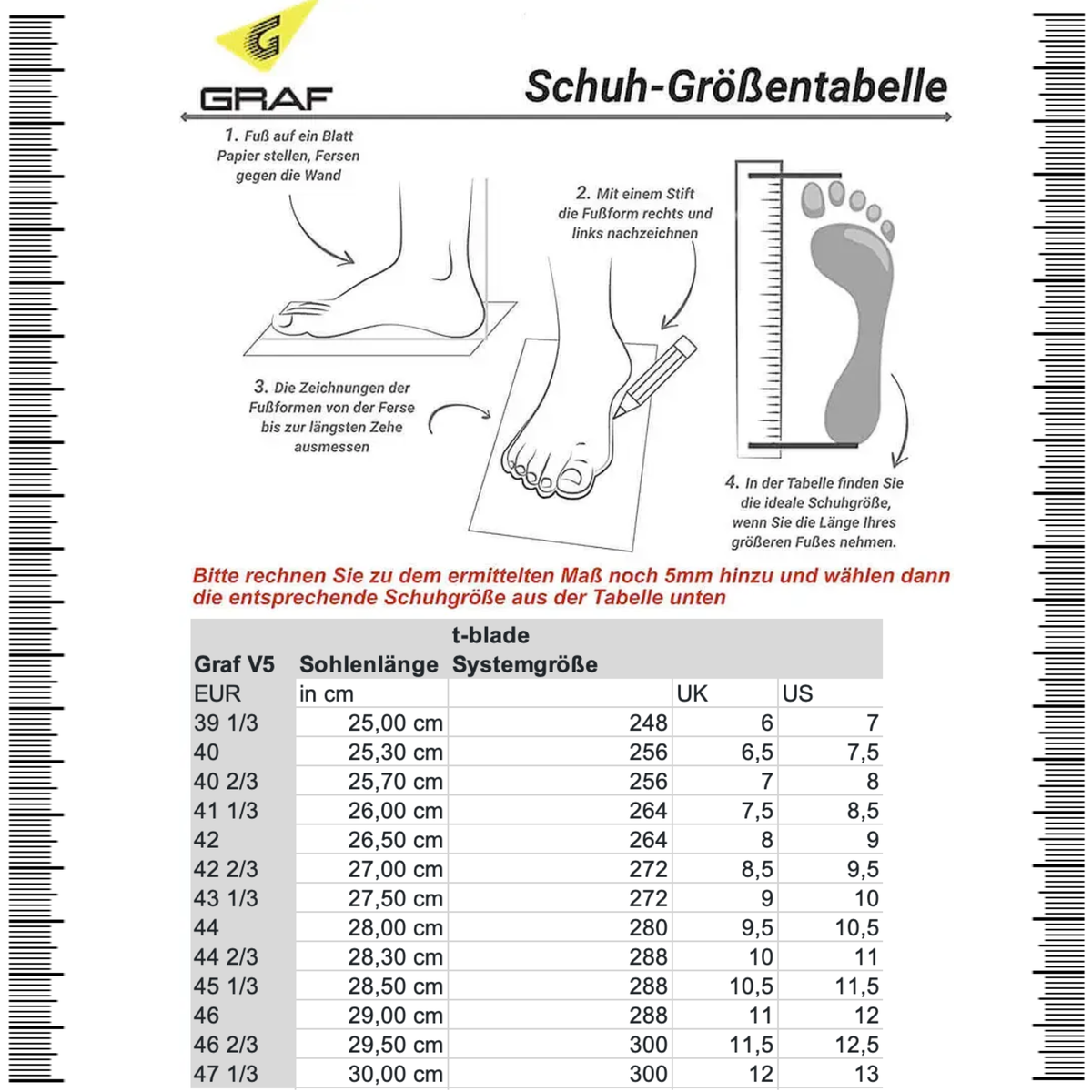 Schuh-Größentabelle Graf V5: Größen in cm sowie UK/US, t-blade System