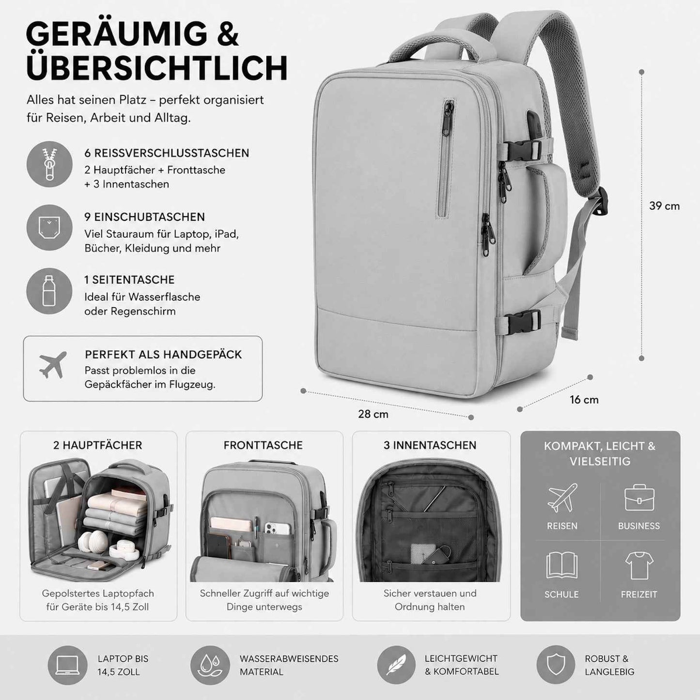 Reiserucksack Handgepäck Flugzeug Rucksack 35 Liter Grau