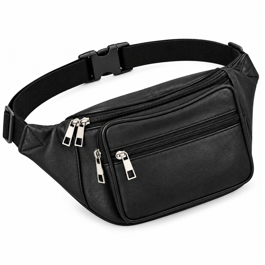 Schwarze Gürteltasche aus Leder mit zwei Front-Reißverschlussfächern und verstellbarem Gurt