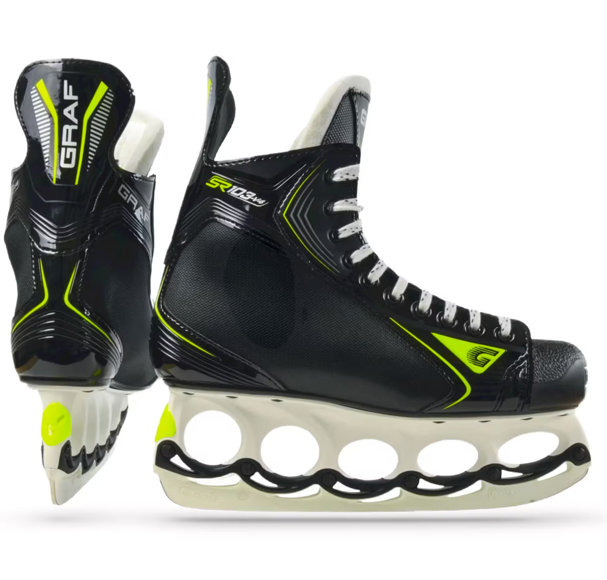 Schlittschuhe: schwarzer Stiefel mit neon gelben Akzenten, weiße Kufen, Schnürung