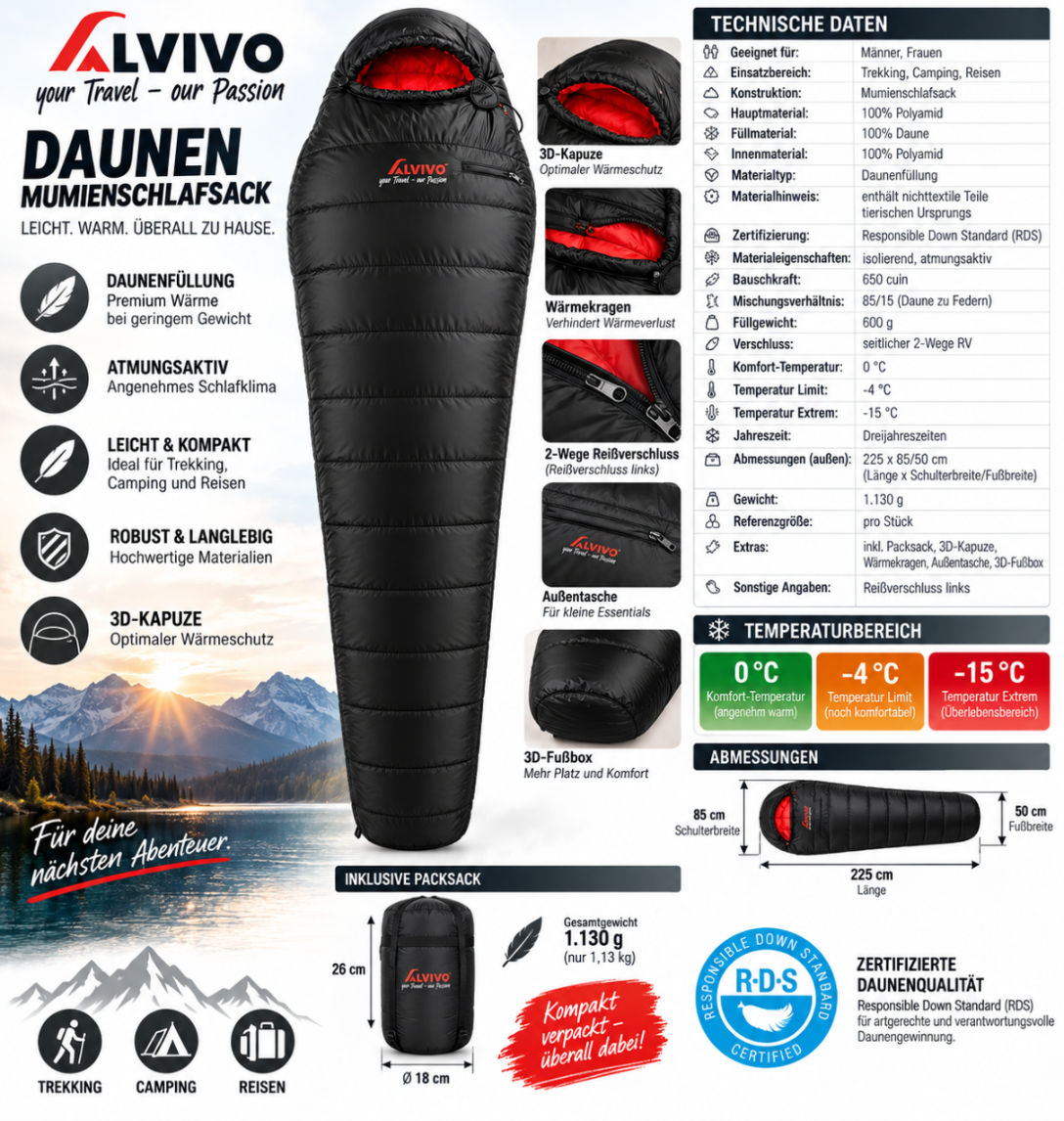 Daunenschlafsack Ibex 600 Ultraleicht 1,13 kg Schlafsack Extrem -15°C