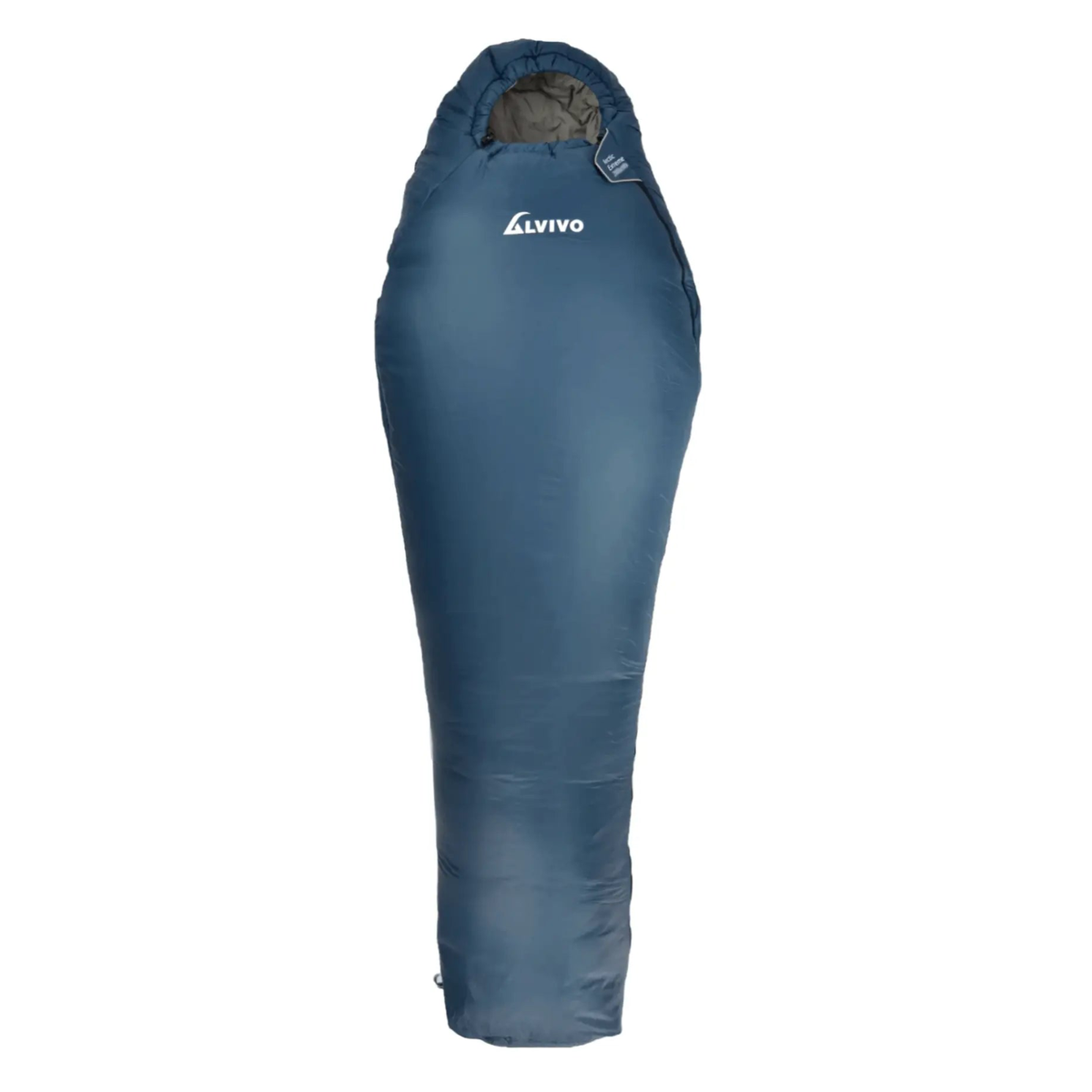 Mumienschlafsack blau mit Kapuze und ALVIVO Logo am Kopfende