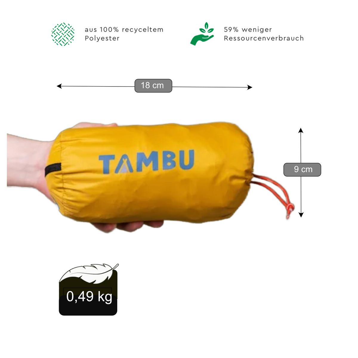 Gelber Mumienschlafsack-Überzug TAMBU, Maße 18×9 cm, Gewicht 0,49 kg