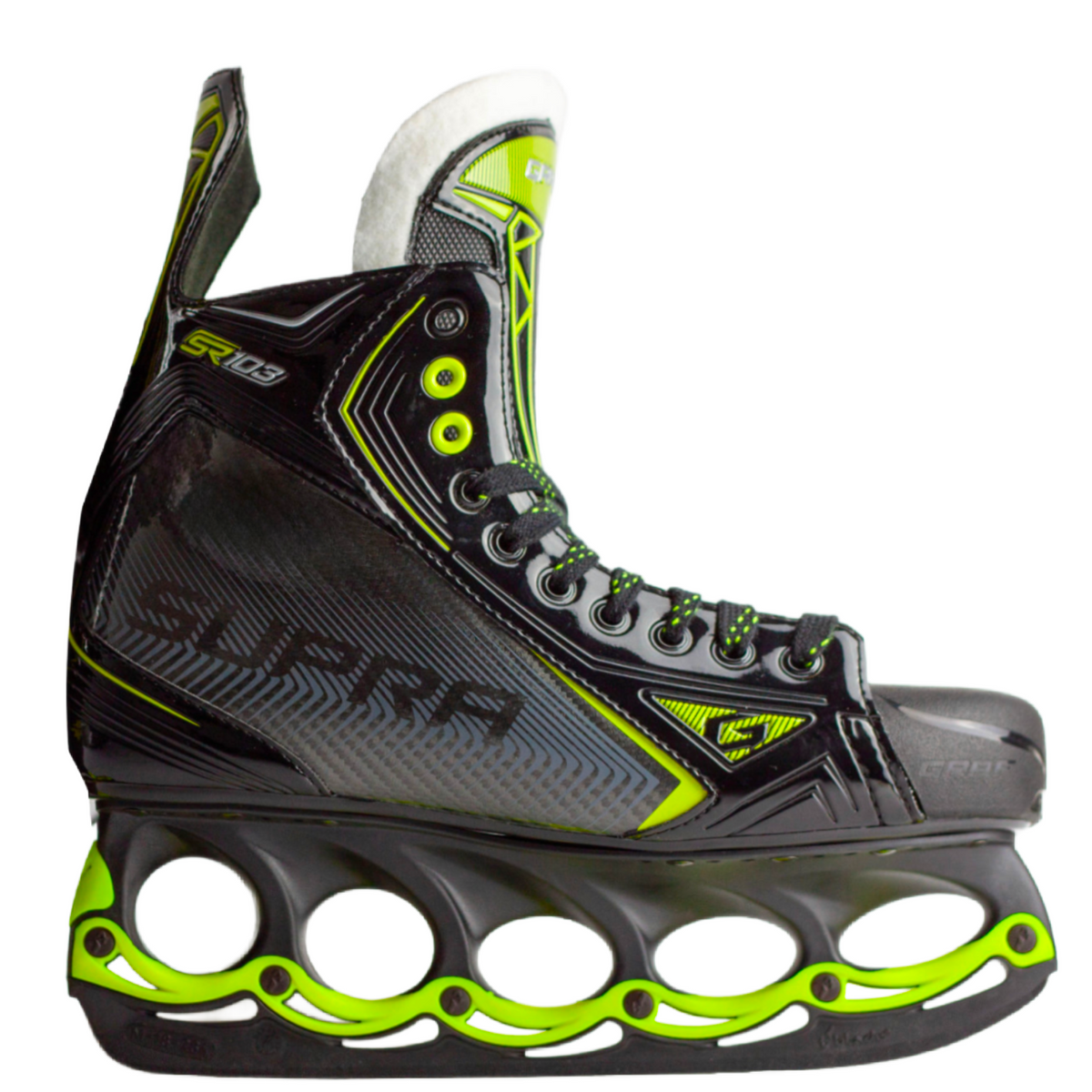 Eishockey-Schlittschuh schwarz-grau mit Neongrün, Front-/Seitenansicht, Rundkufen