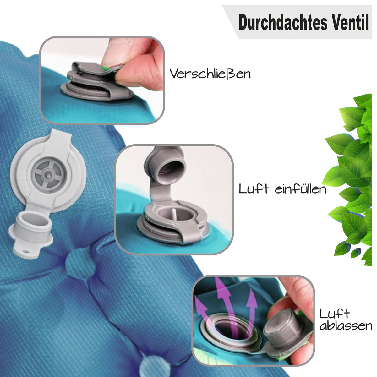 Blaue Isomatte mit Durchdachtem Ventil: Luft einfüllen, absaugen und Verschluss