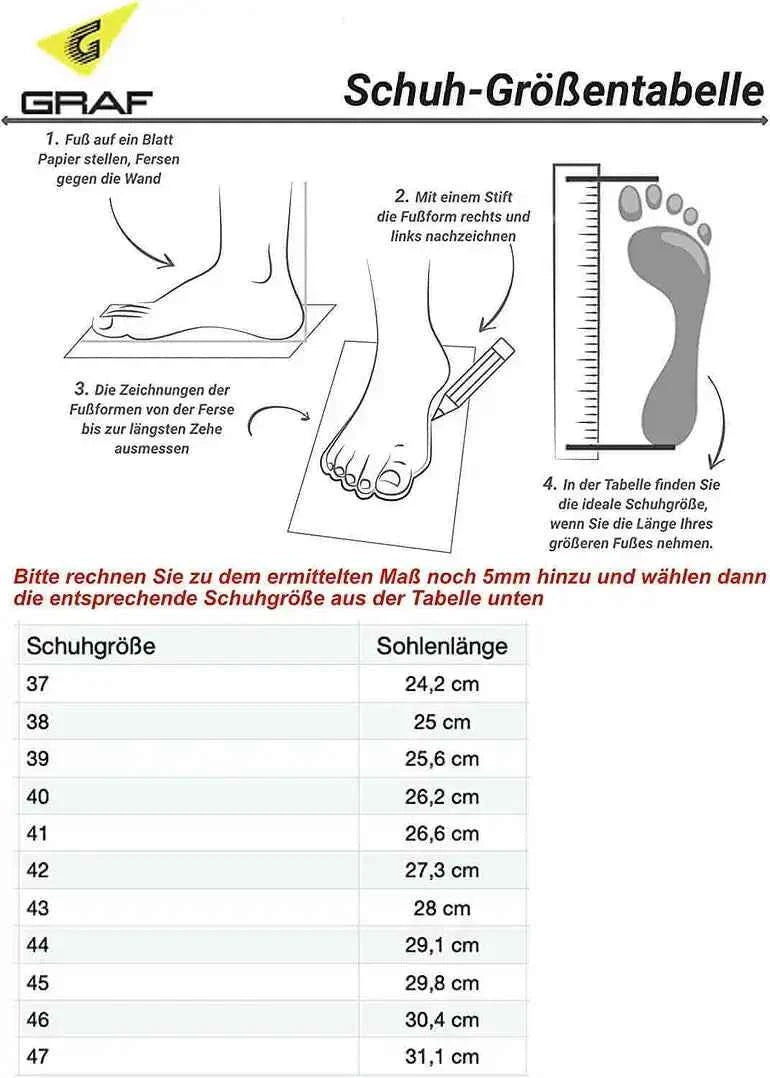 Schuh-Größentabelle für Graf Schlittschuhe: Sohlenlängen in cm, Größen 37–47
