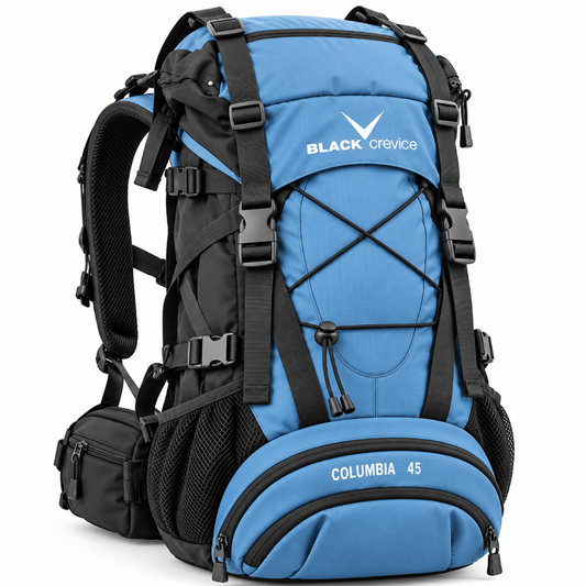 Trekking-Rucksack mit blauem Frontfach, schwarzen Trägern und gepolstertem Hüftgurt