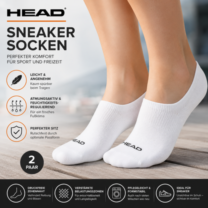 Weiße Sneaker-Socken im 4er-Pack mit HEAD-Logo, zwei Füßlinge an den Füßen