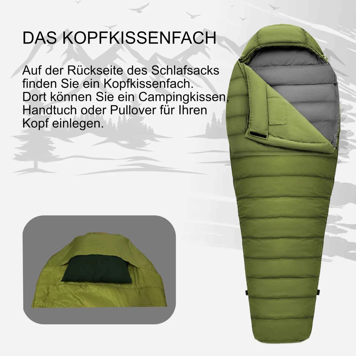 Mumienschlafsack olivgrün mit Rückentasche für Kopfkissen im Kopfbereich