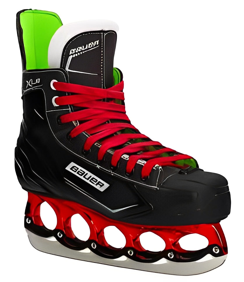 Bauer Eishockey-Schlittschuhe schwarz/rot mit roten Schnürsenkeln und grüner Polsterung
