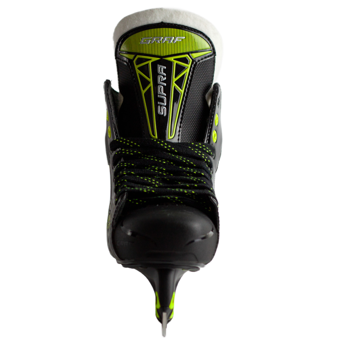 Eishockey-Schlittschuh schwarz mit Neongrün, Rückansicht, gepolsterter Schaft