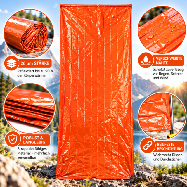 Notfall Schlafsack mit Alu Beschichtung 210 cm x 91 cm für PKW Camping Bergwandern