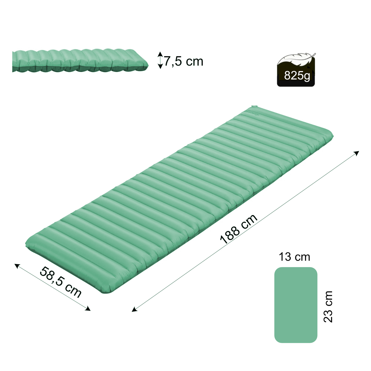 Grüne Isomatte mit Maßen 188 x 58,5 cm und 7,5 cm Höhe, gerippte Luftkammern