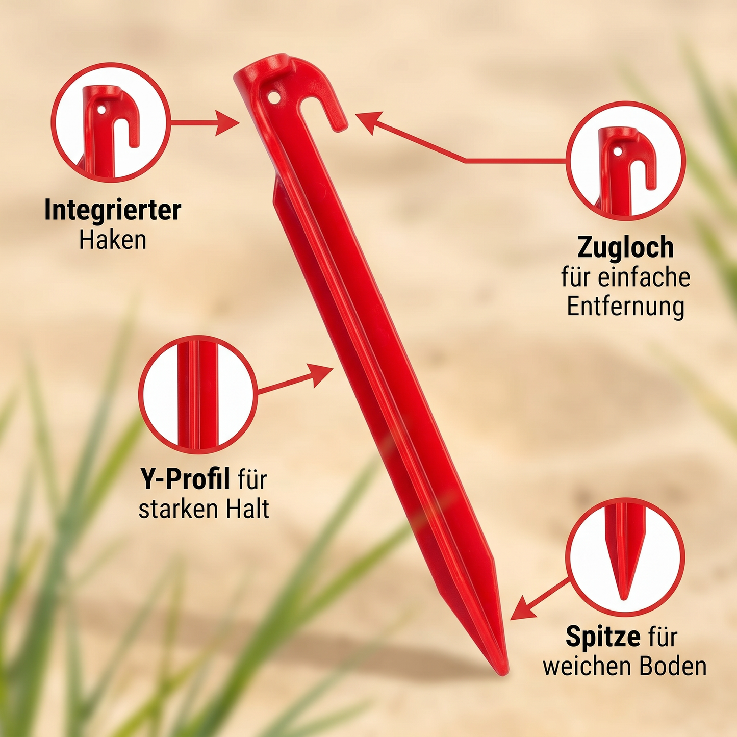 Zelt-Heringe Kunststoff 30 cm - 5 Stück Rot, ultraleichte Erdnägel für Ihr Zelt