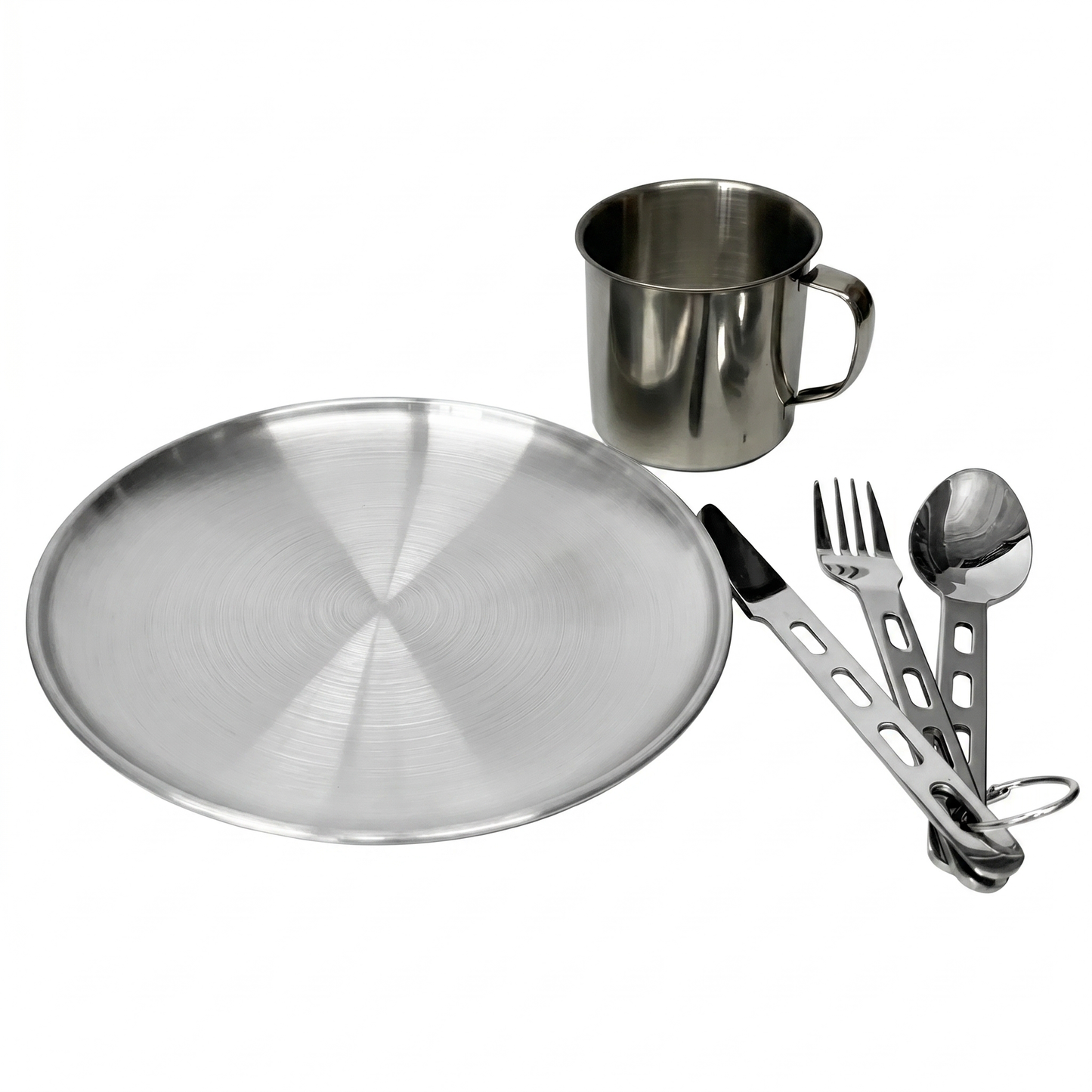 Ultraleichtes Camping Geschirr Set aus Edelstahl mit Teller, Becher und Besteck