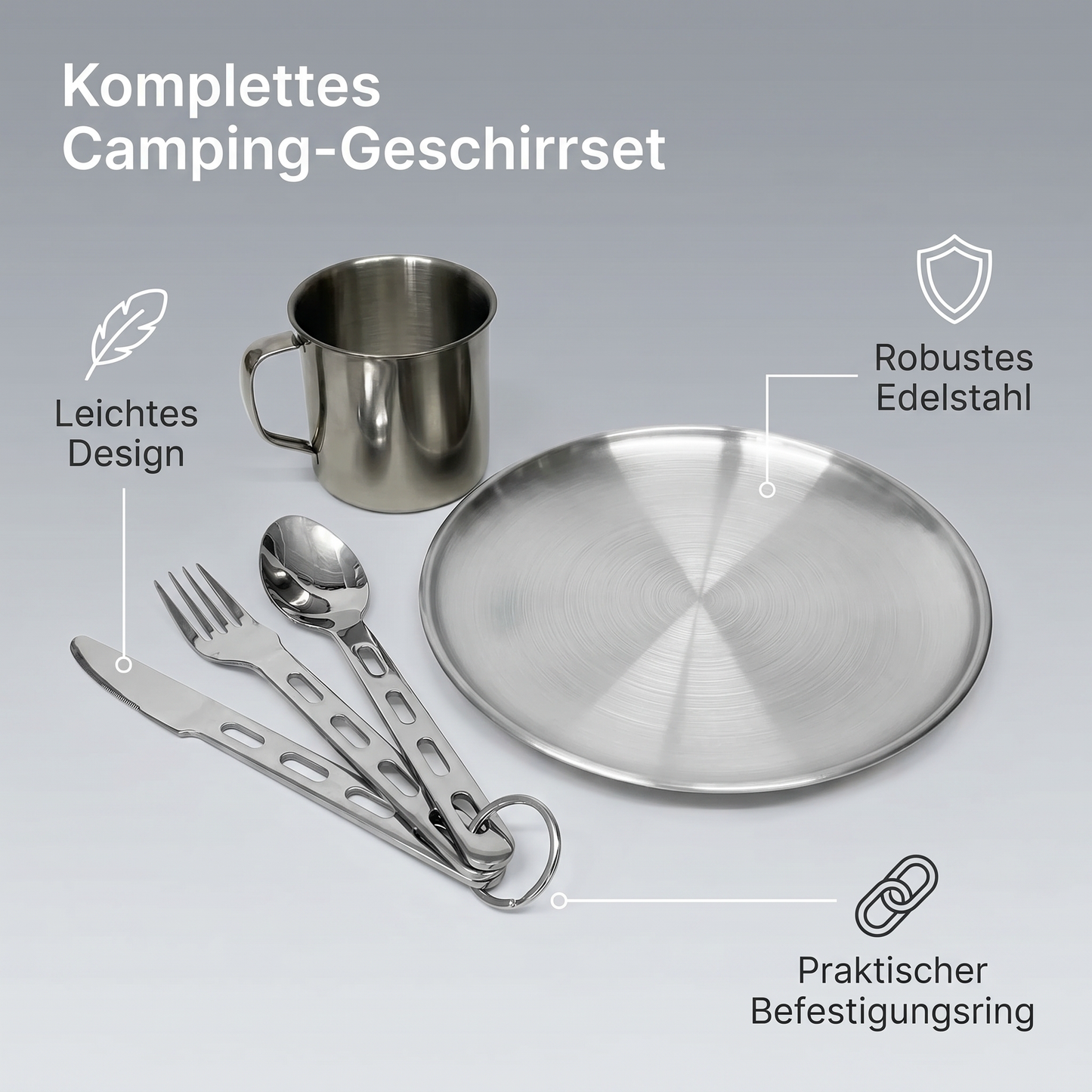 Ultraleichtes Camping Geschirr Set aus Edelstahl mit Teller, Becher und Besteck