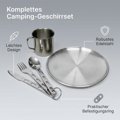 Ultraleichtes Camping Geschirr Set aus Edelstahl mit Teller, Becher und Besteck