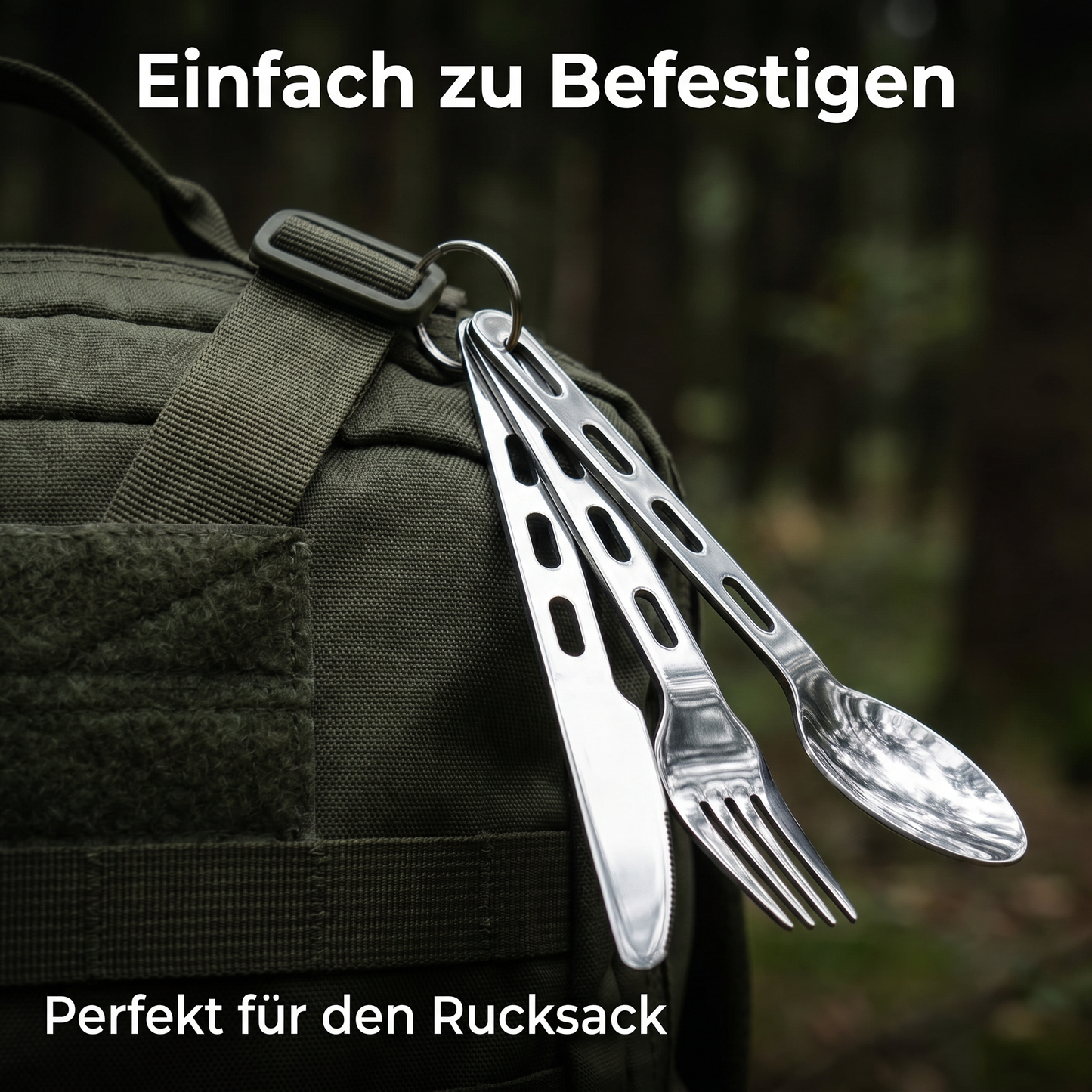 Camping Besteck Set 4-teilig für Trekking und Outdoor Festivals – Messer, Gabel, Löffel und Halterung
