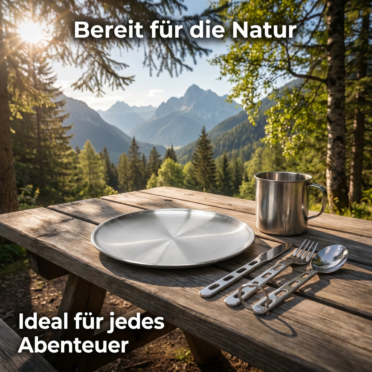 Ultraleichtes Camping Geschirr Set aus Edelstahl mit Teller, Becher und Besteck