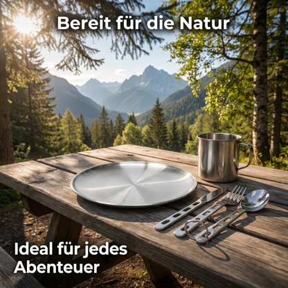 Ultraleichtes Camping Geschirr Set aus Edelstahl mit Teller, Becher und Besteck