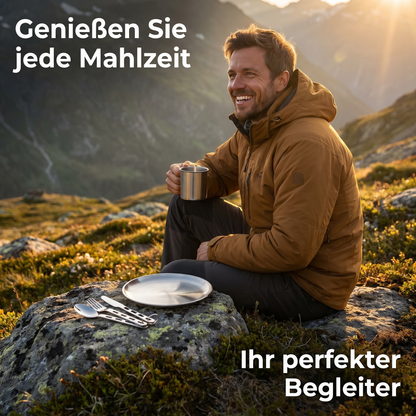 Ultraleichtes Camping Geschirr Set aus Edelstahl mit Teller, Becher und Besteck
