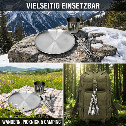 Ultraleichtes Camping Geschirr Set aus Edelstahl mit Teller, Becher und Besteck