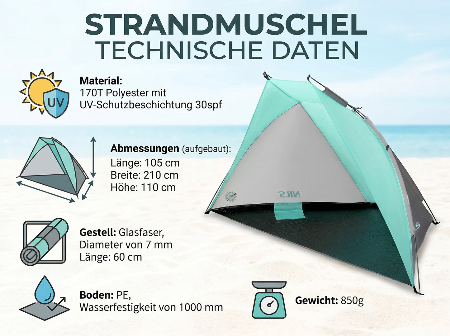 Strandmuschel Strandzelt mit UV Schutz Strand-Muschel