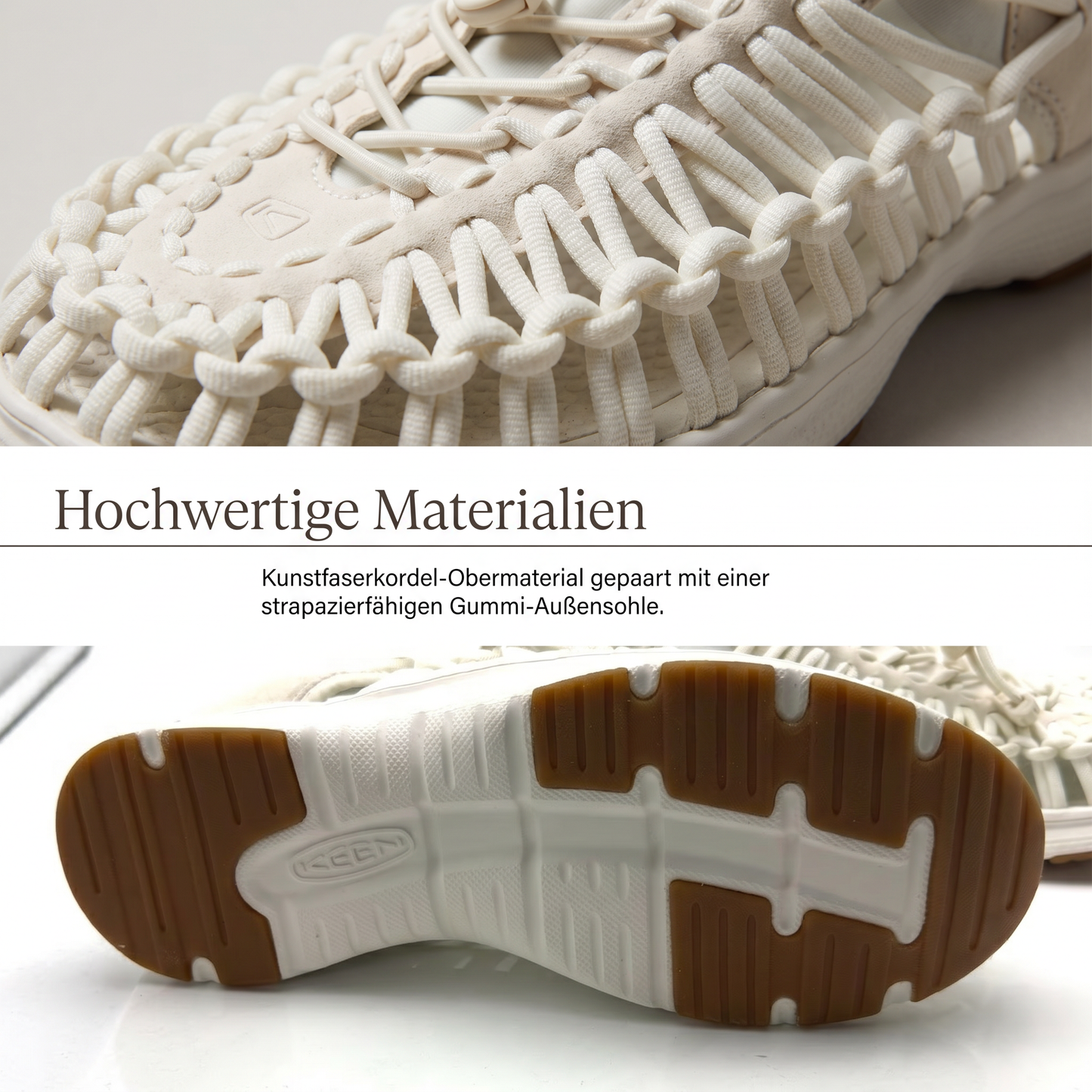 Weiße Damen Sandalen-Sneaker mit geknotetem Kordel-Obermaterial im Detail