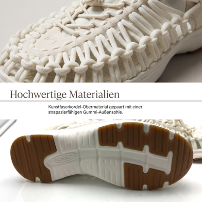Weiße Damen Sandalen-Sneaker mit geknotetem Kordel-Obermaterial im Detail