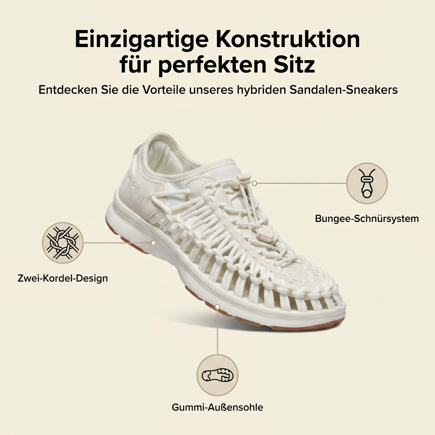 Weiße Damen Sandalen-Sneaker mit Bungee-Schnürsystem und Gummi-Außensohle
