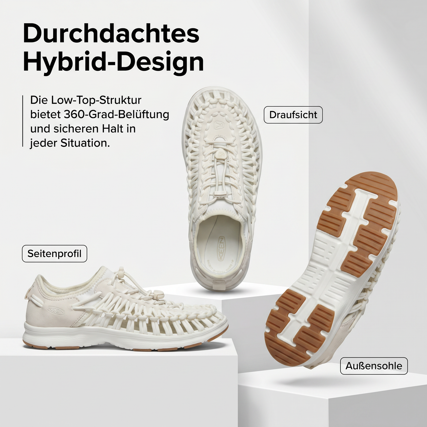 Weiße Damen Sandalen-Sneaker mit Low-Top-Design und brauner Profil-Außensohle