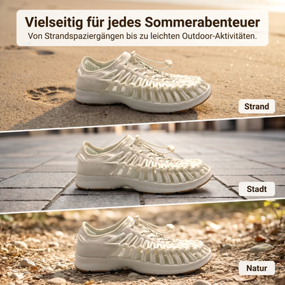 Weiße Damen Sandalen-Sneaker mit gewebtem Obermaterial und flacher Sohle