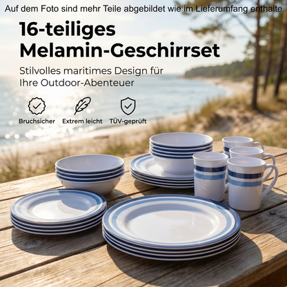 Geschirr Set 16 teilig Melamin Tasse Teller Suppenteller Dessertteller